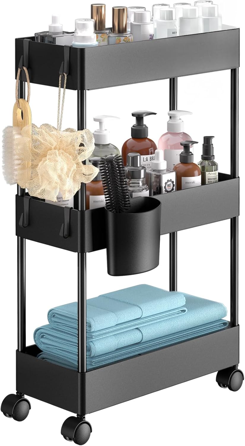 Pipishell Slim Storage Cart with Wheels - 3 Tier Bathroom Organizers and Storage Cart - Rolling