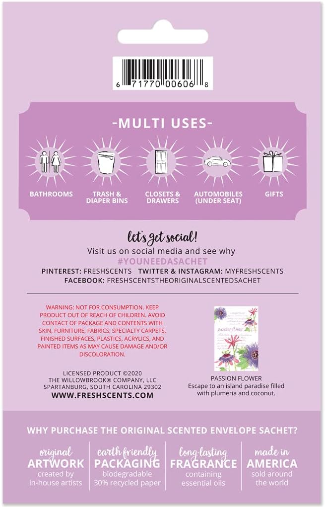 WILLOWBROOK | Fresh Scents Scented Sachet Packet | Passion Flower | Air Freshener Bags for Drawers