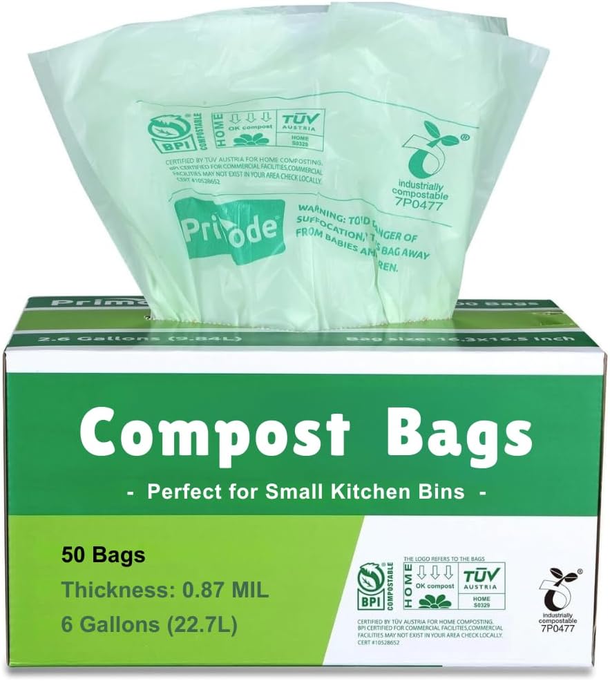 Primode Compostable Bags 6 Gallon Food Scraps Yard Waste Bags, 50 Count, Extra Thick 0.87 Mil.