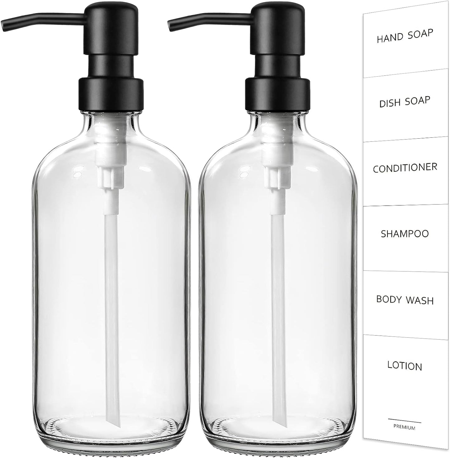 GMISUN Glass Soap Dispenser with Pump, 2 Pack Clear Bathroom Hand Soap Dispenser with Stainless