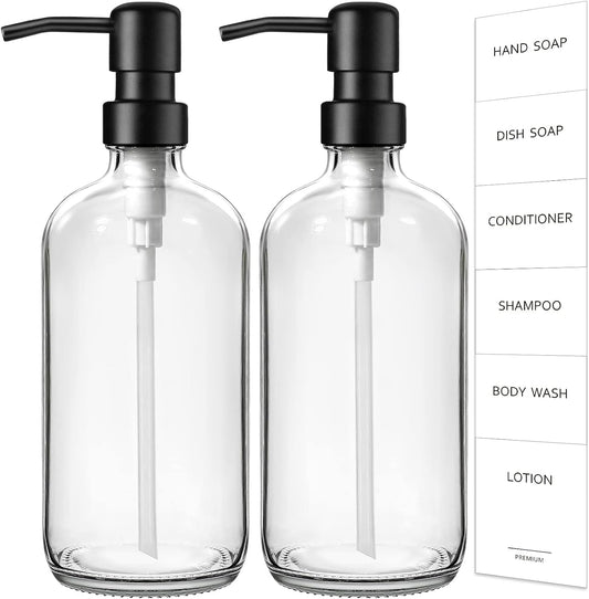 GMISUN Glass Soap Dispenser with Pump, 2 Pack Clear Bathroom Hand Soap Dispenser with Stainless