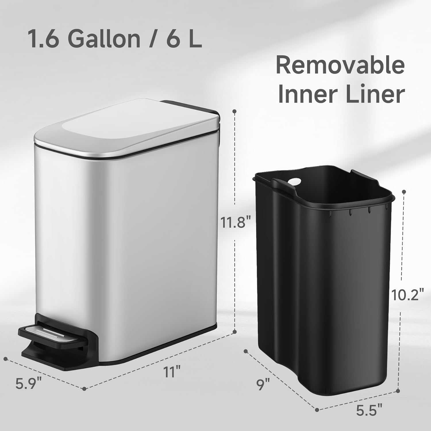 TIPGO Slim Bathroom Trash Can with Lid Soft Close, Step Pedal, 6 Liter / 1.6 Gallon Stainless Steel