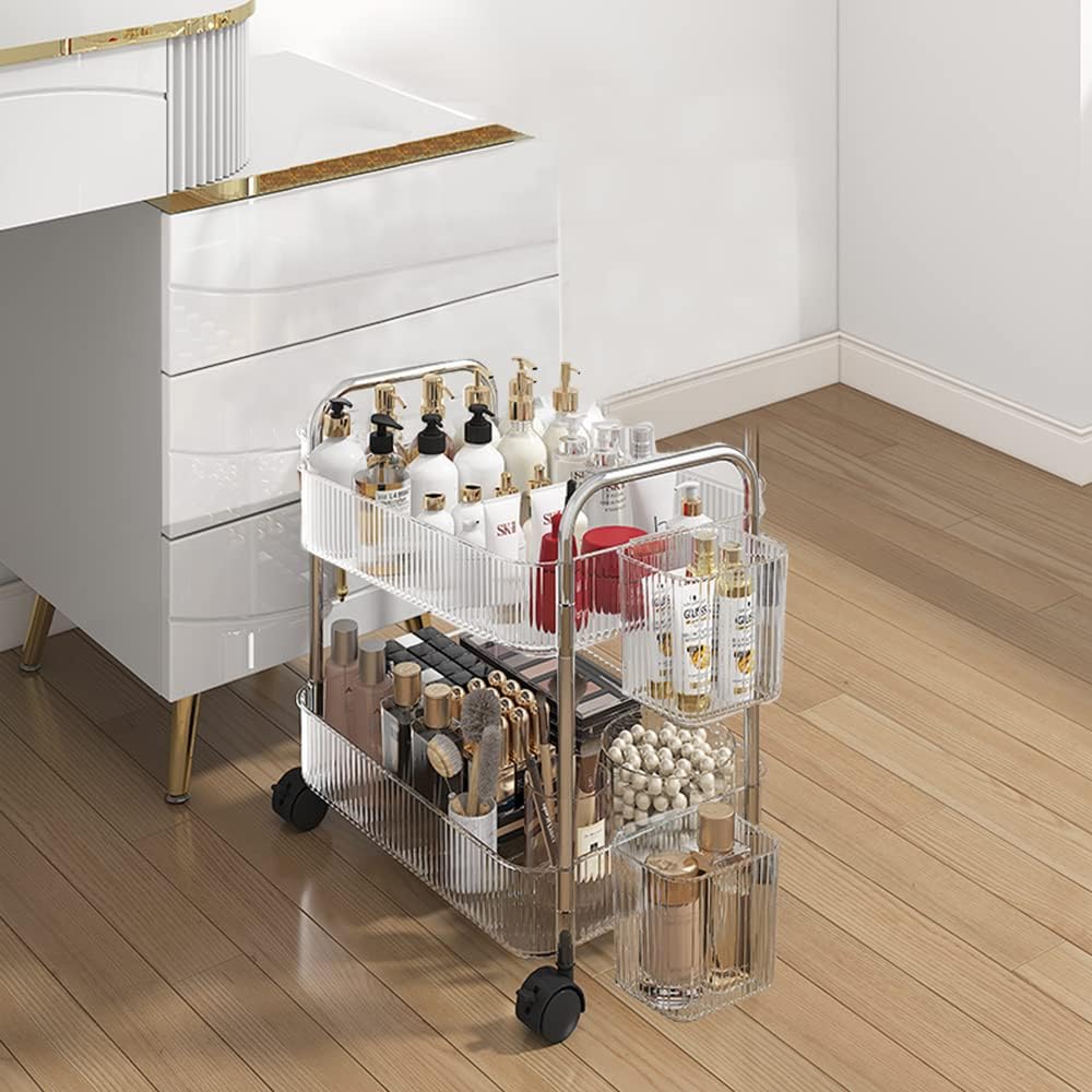2-Tier Utility Rolling Cart Storage Organizer Sofa Side Table with Wheels, Under Desk Mobile