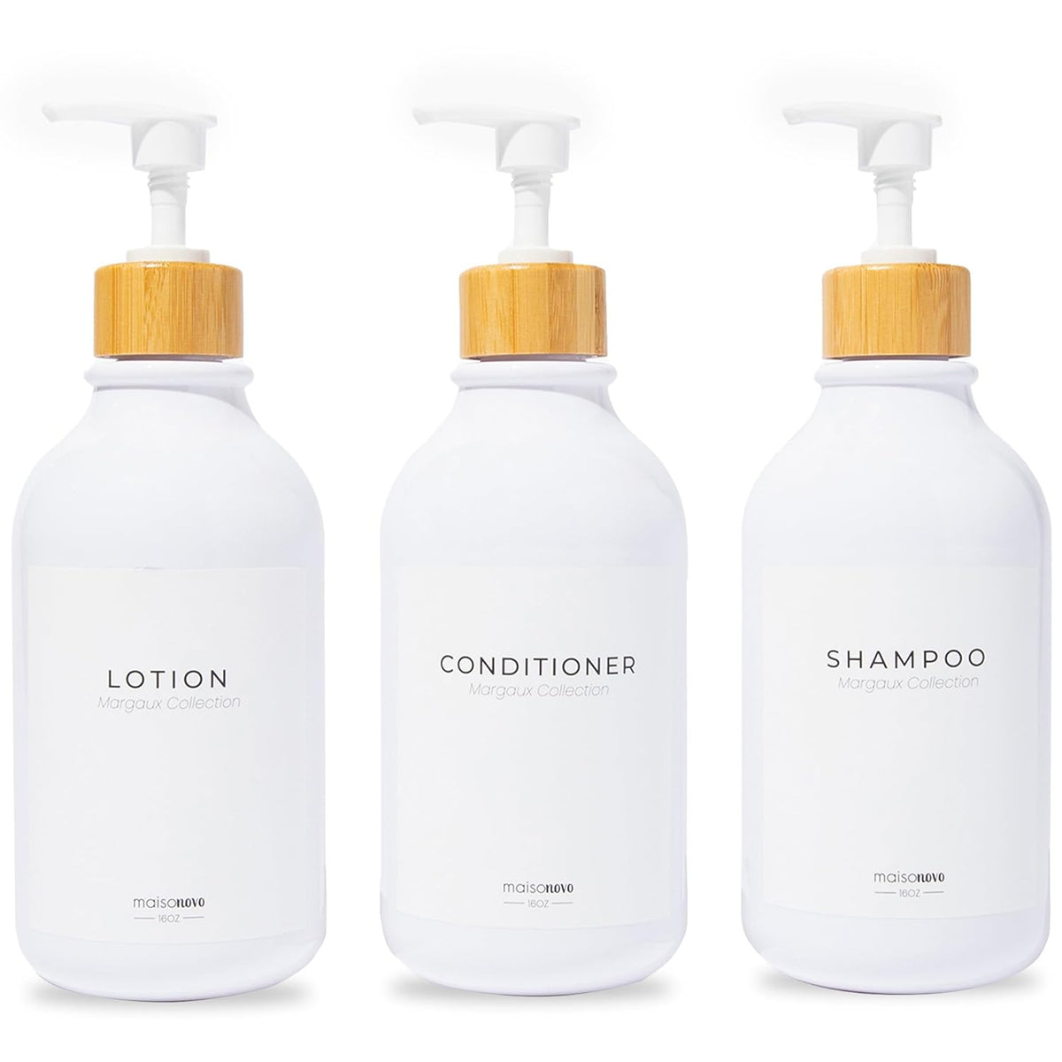 MaisoNovo Refillable Shampoo and Conditioner Bottles | 16.9 fl oz Set of 3 White Plastic Bottles