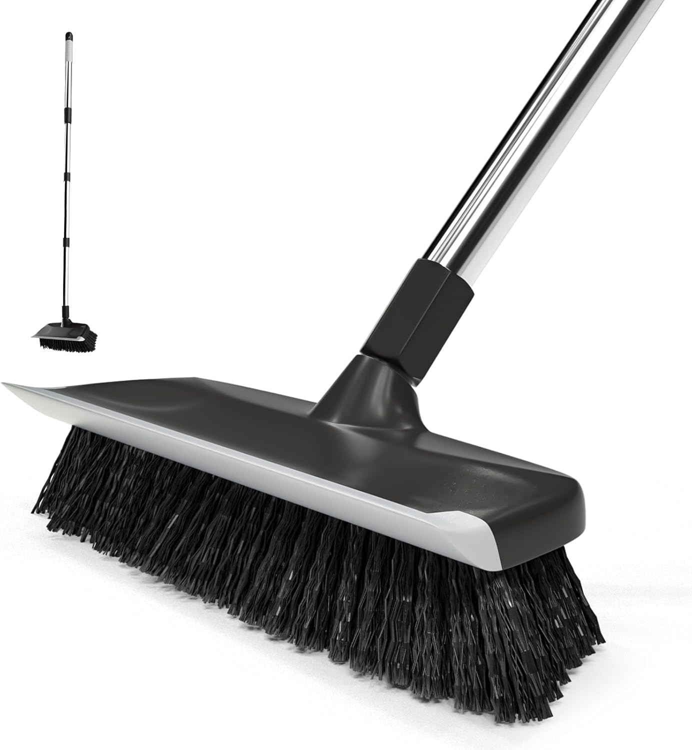 ITTAR Scrub Brush with Long Handle, 10" Wide Stiff Bristles Deck Brush, Heavy-Duty Floor Cleaning