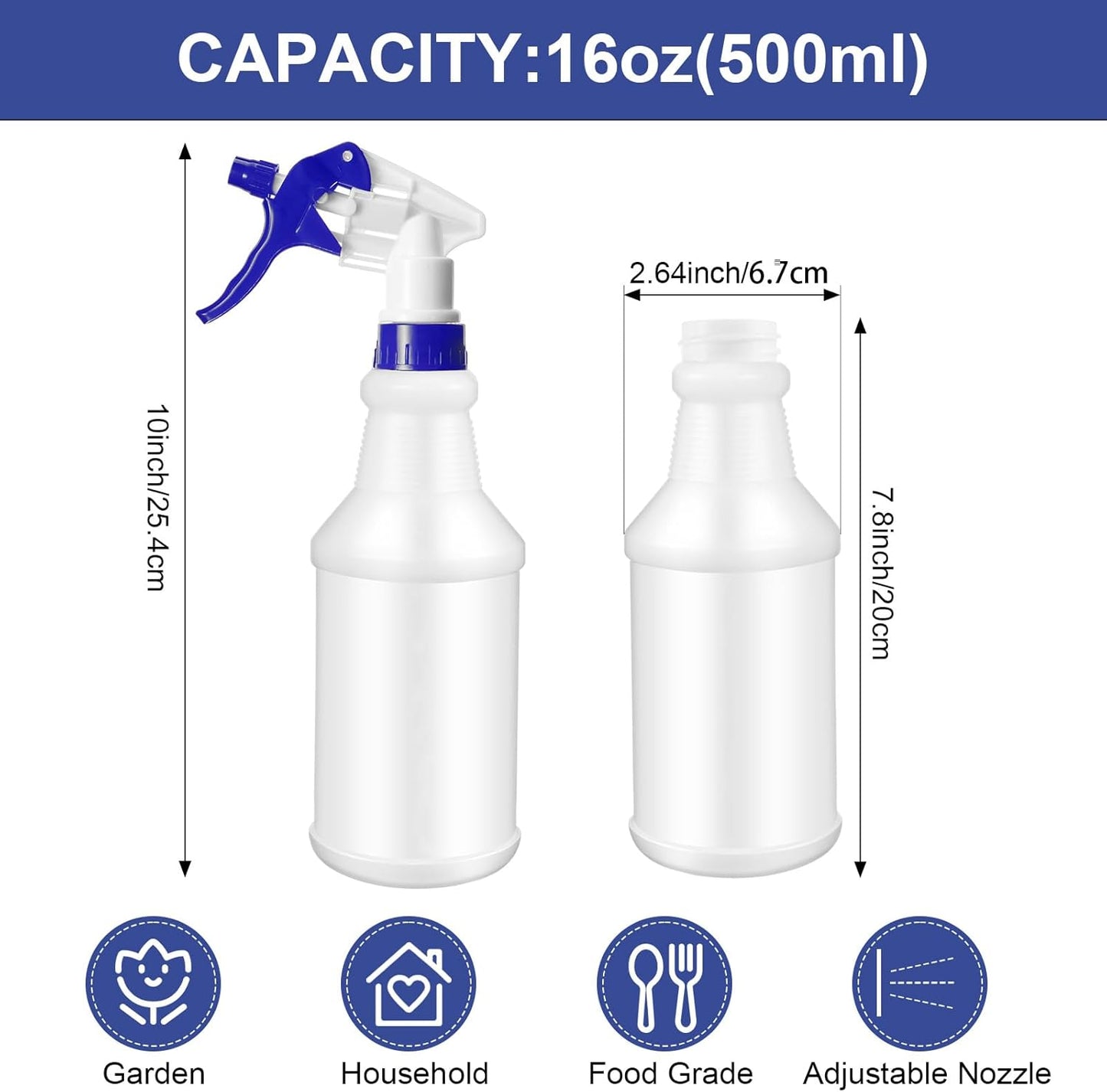 Eccliy 12 Pcs 16 Oz Plastic Spray Bottle, Adjustable Empty Reusable Sprayer for Cleaning, Planting