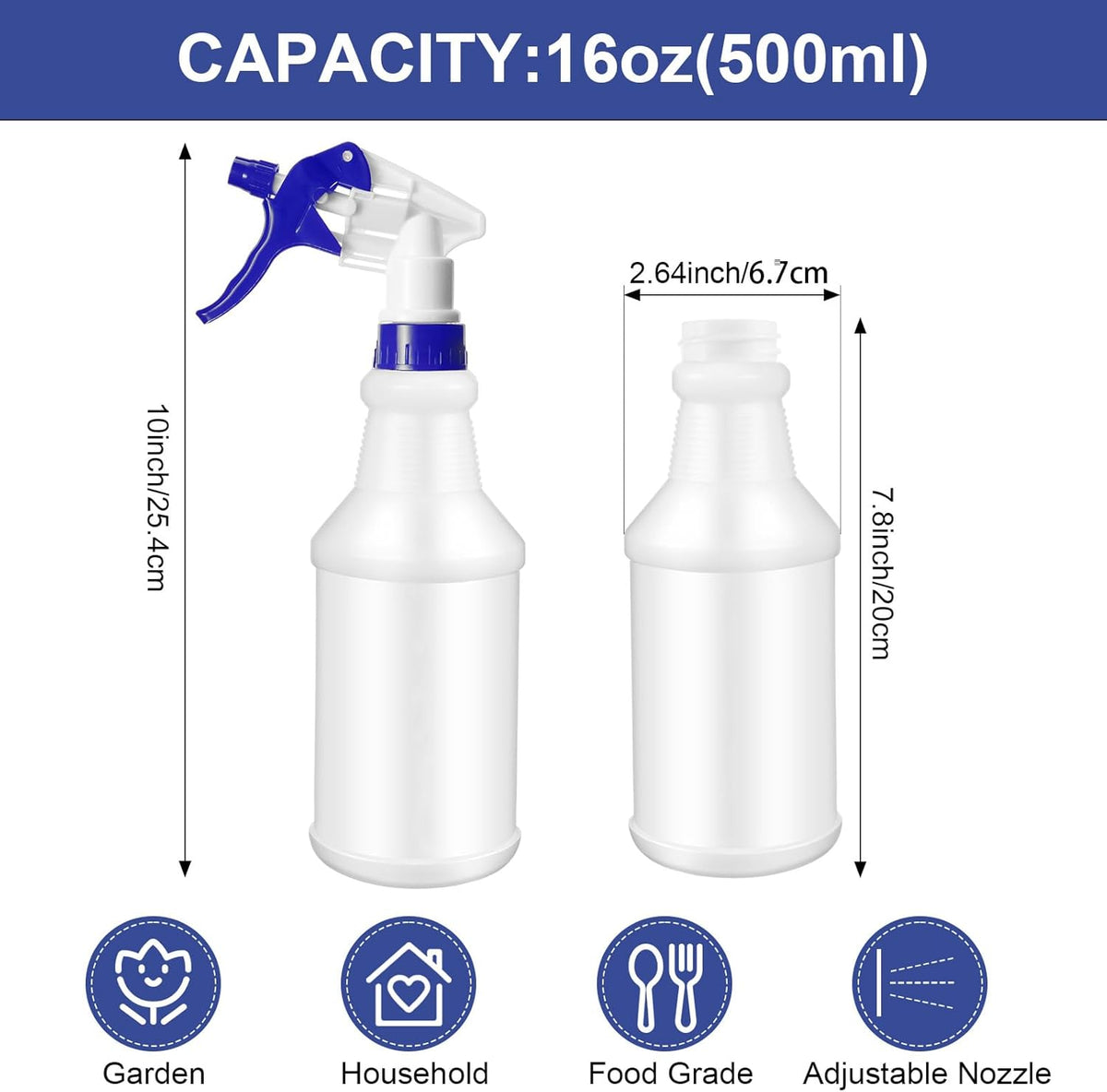Eccliy 12 Pcs 16 Oz Plastic Spray Bottle, Adjustable Empty Reusable Sprayer for Cleaning, Planting