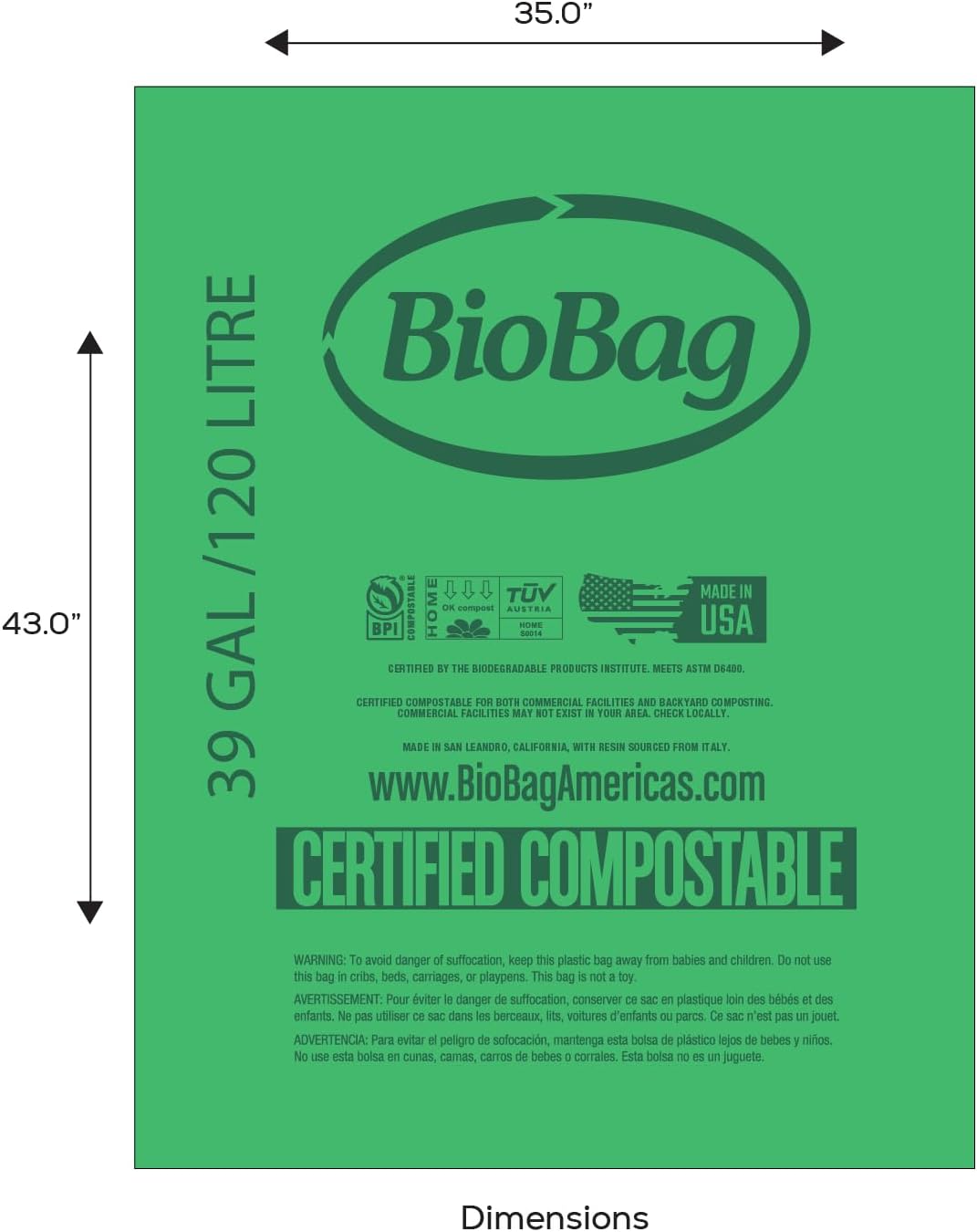 BioBag (USA) The Original Compostable Bag, 39 Gallon, 120 Count, 100% Certified Compostable Trash