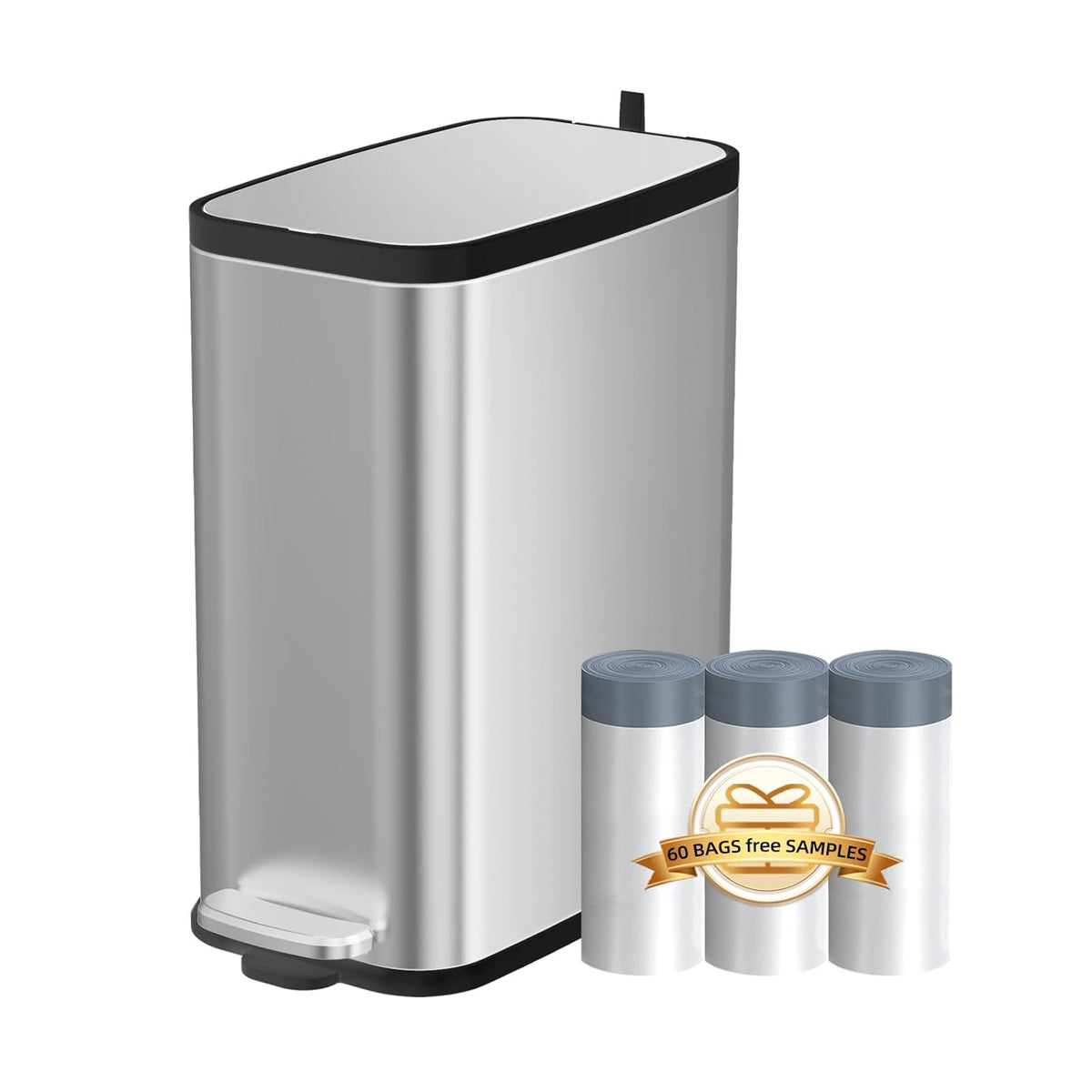 Stainless Steel Bathroom Trash Can with Lid Soft Close,1.6 Gallon Slim Garbage can,Small Metal Step