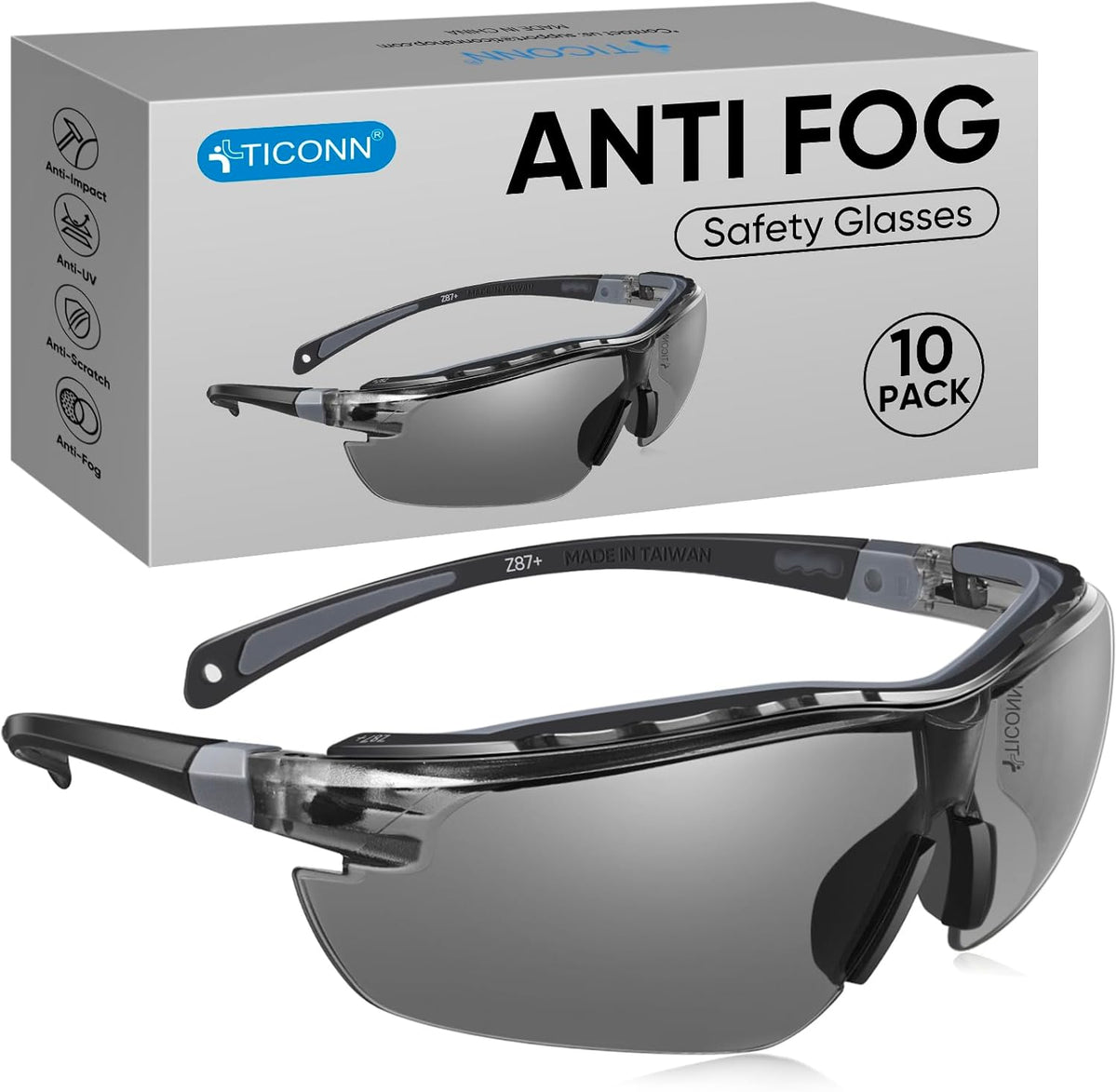 TICONN Anti-Fog Safety Glasses for Men and Women, ANSI Z87.1 Scratch Proof Eye Goggles with