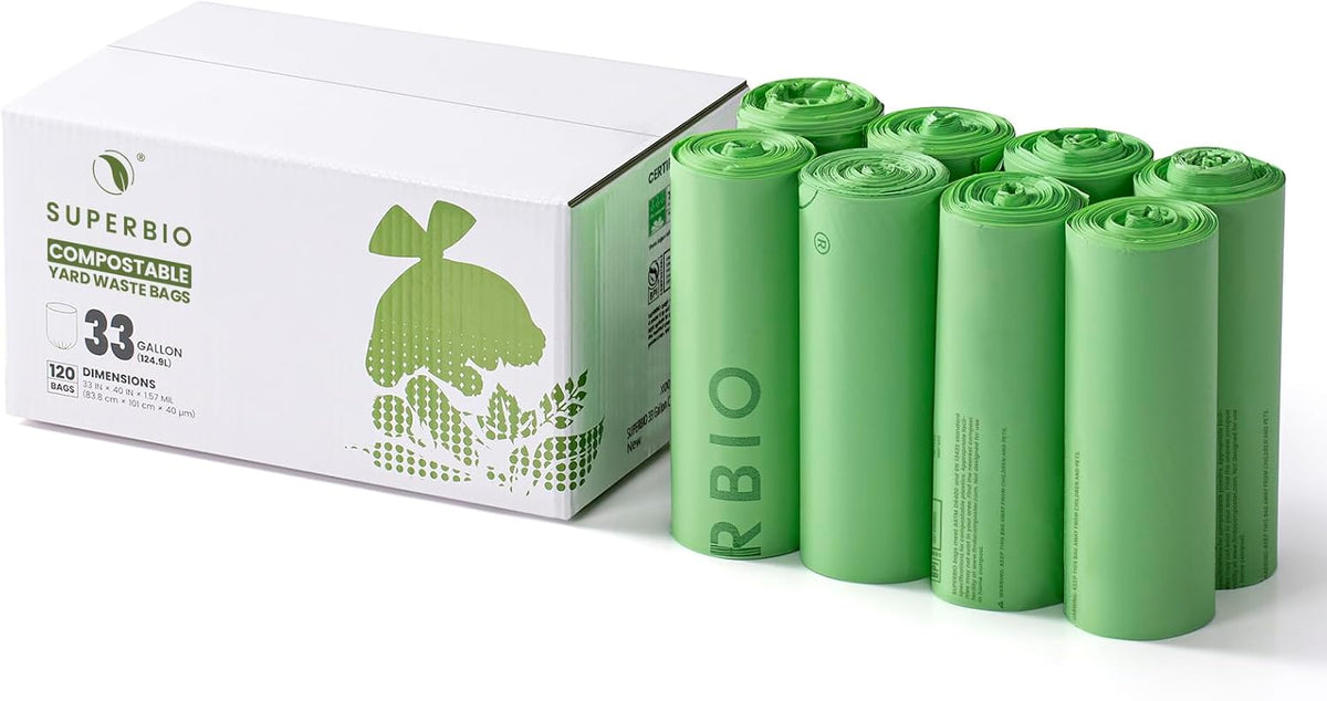 SUPERBIO 33 Gallon Compostable Yard Waste Bags, Lawn & Leaf Bags, Extra Thick 1.57 Mil (120 Count