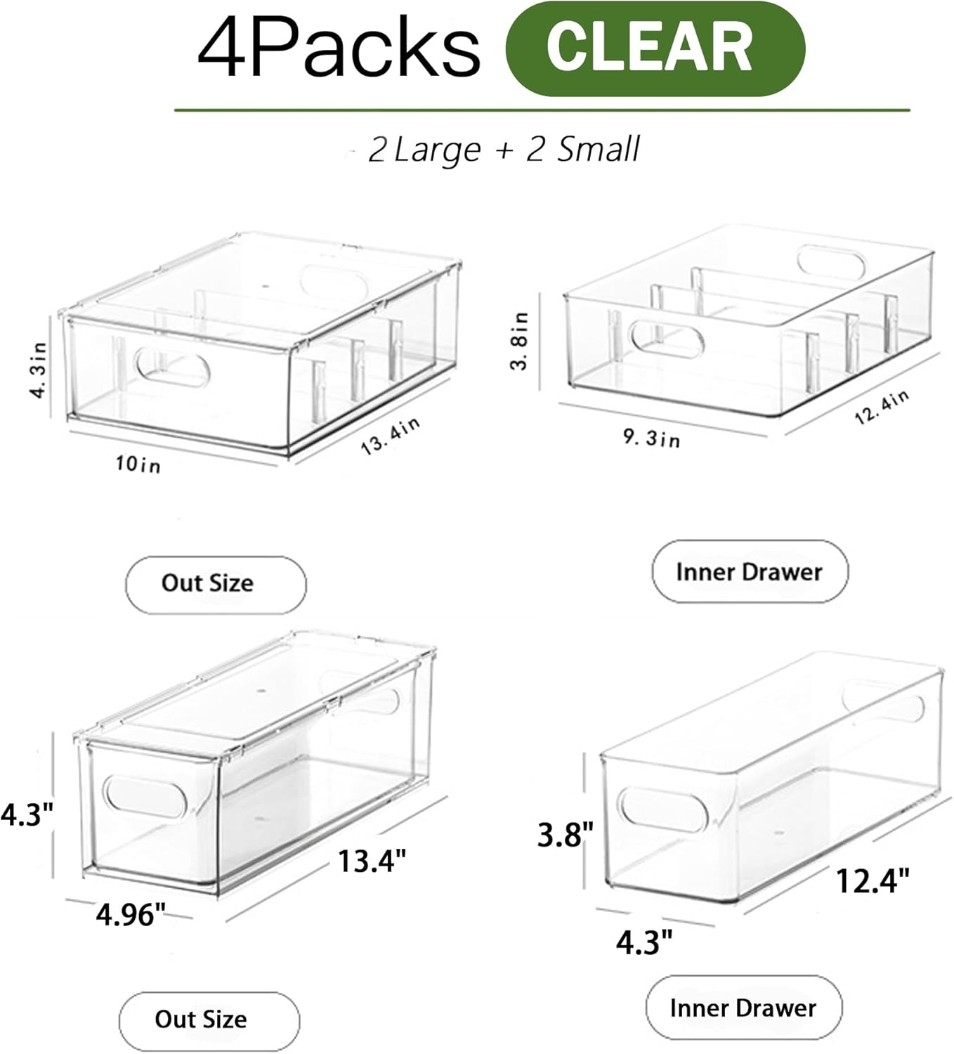 4 Pack Clear Storage Drawer Set, Stackable Fridge Drawer Organizer Fruit Vegetable Storage