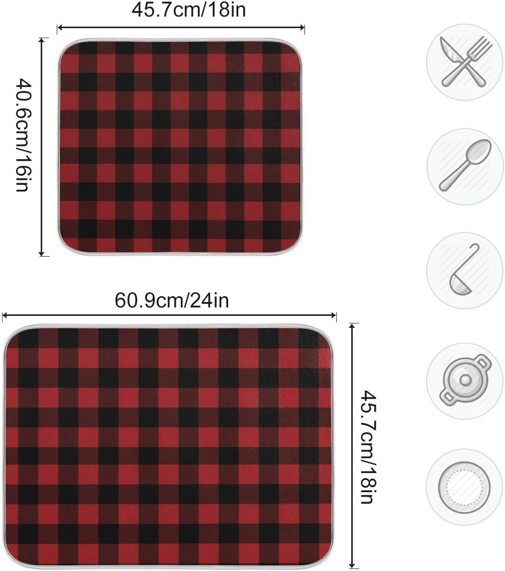 Red and Black Buffalo Plaid Dish Drying Mat 16x18 for Kitchen Merry Christmas Winter Xmas Dishes