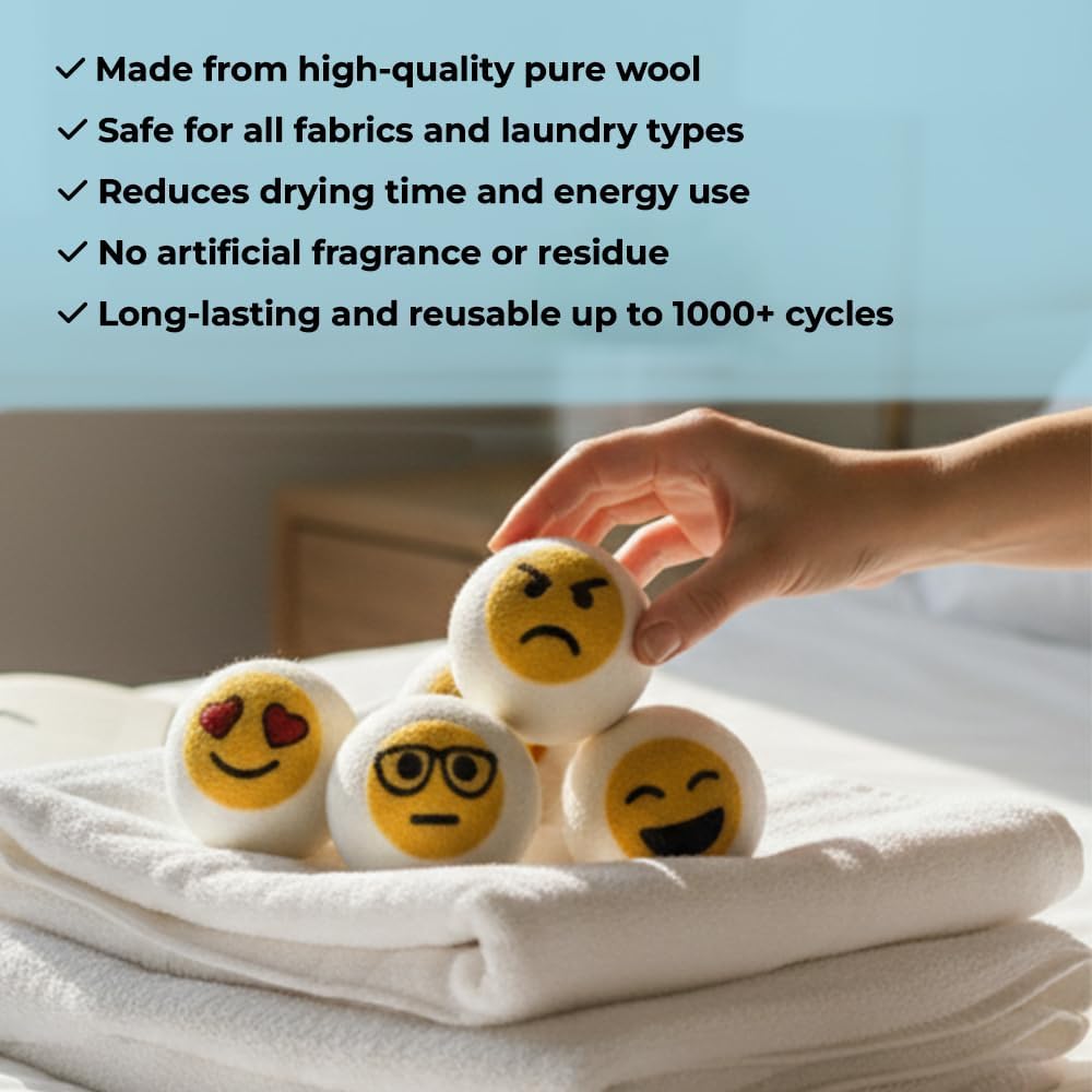 Ezhippie Quality Wool Dryer Balls - 6 XL Emoji Pack - 1000+ Loads - Pure Organic Wool - Reusable