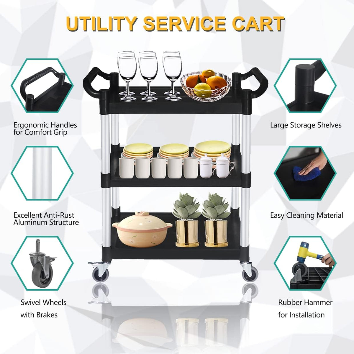 Plastic Utility Carts with Wheels, Heavy Duty 510lbs Capacity Rolling Service Cart, 3-Tier