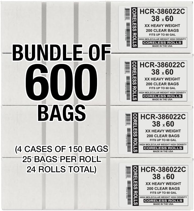 Aluf Plastics High Density Trash Bags, 60 Gallon, 600 Count, 22 Micron (eq), 38" x 60", Clear, for