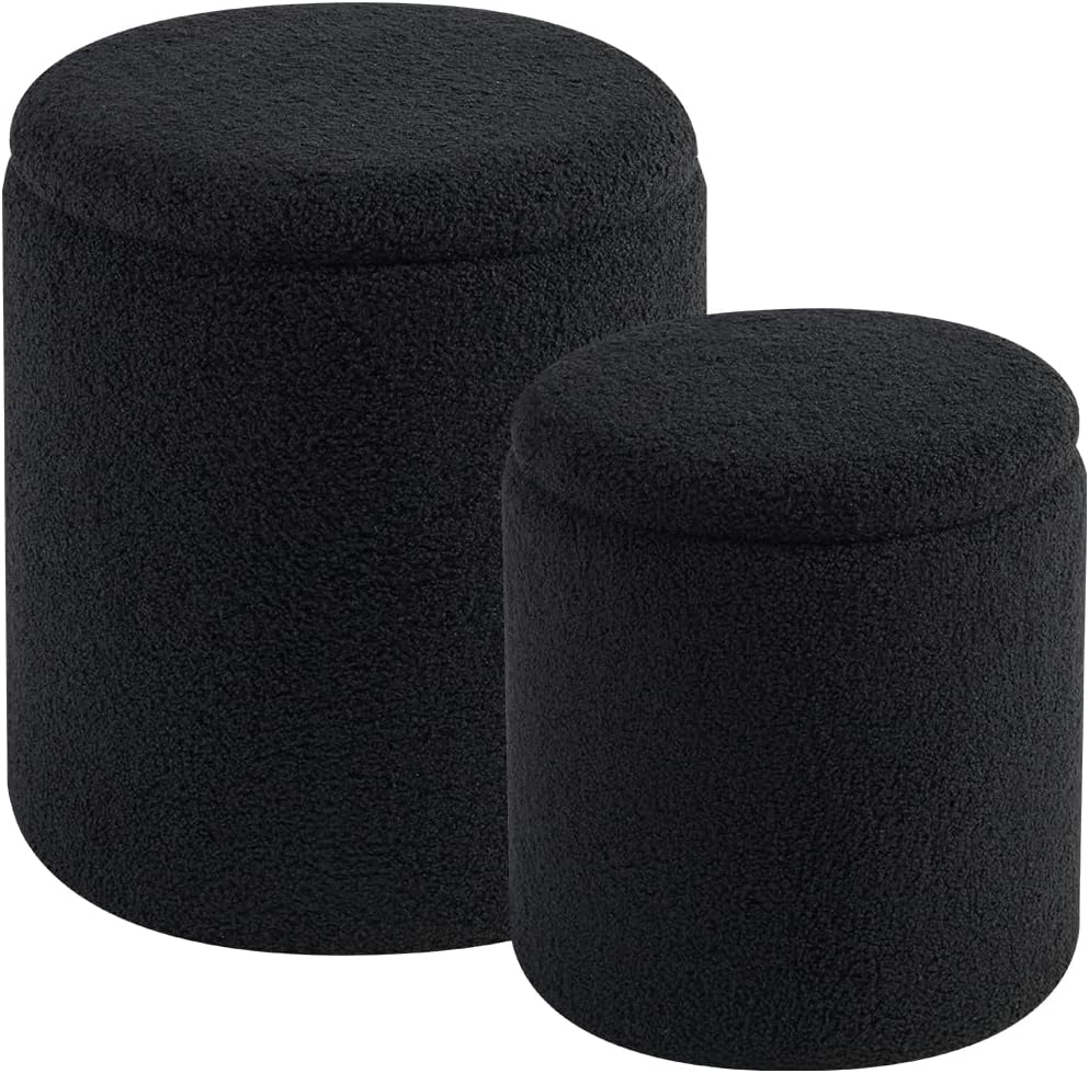 Round Ottoman with Storage Set of 2-Upholstered Sherpa Vanity Stool for Makeup Multifunctional