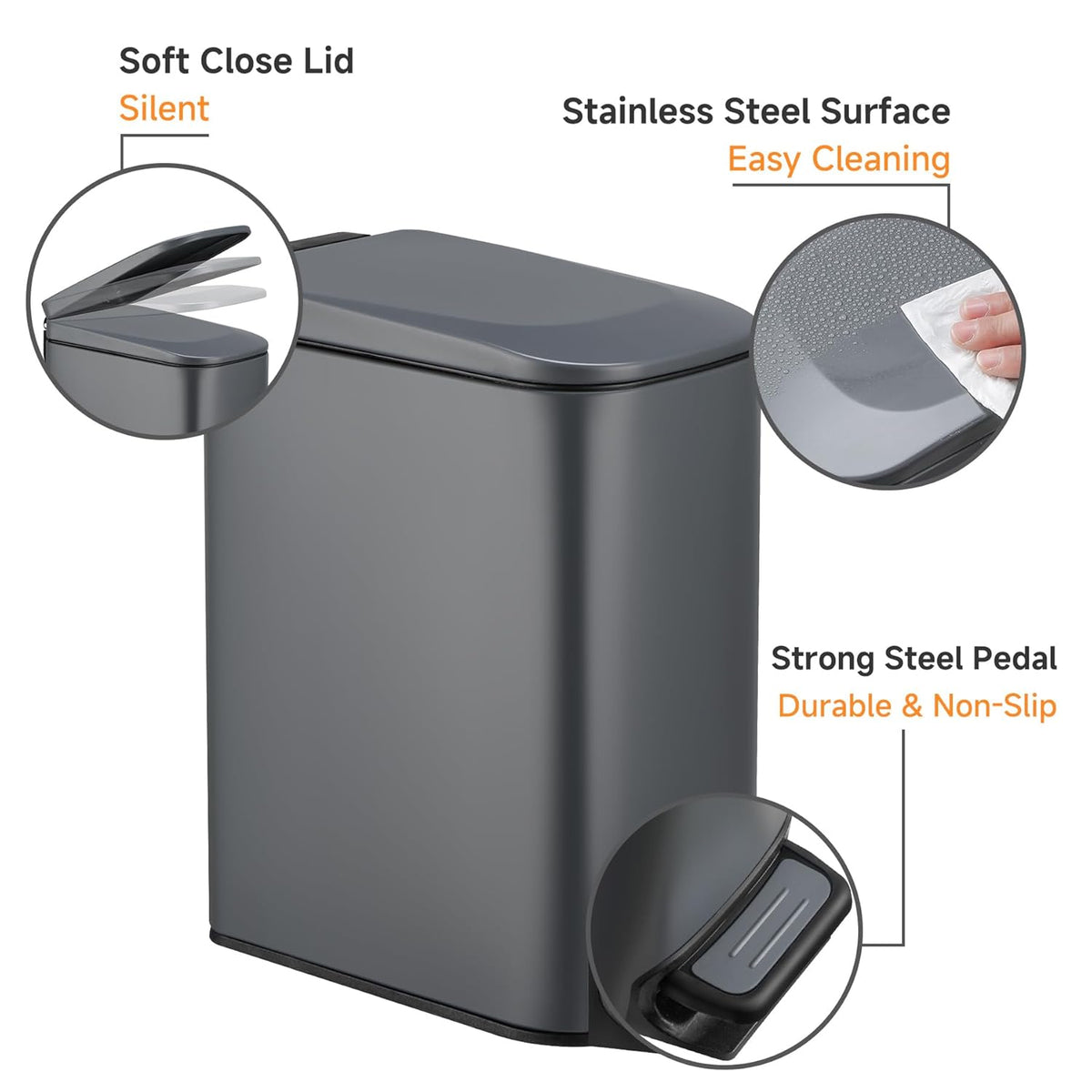 TIPGO Slim Bathroom Trash Can with Lid Soft Close, 6 Liter / 1.6 Gallon Stainless Steel Garbage Can