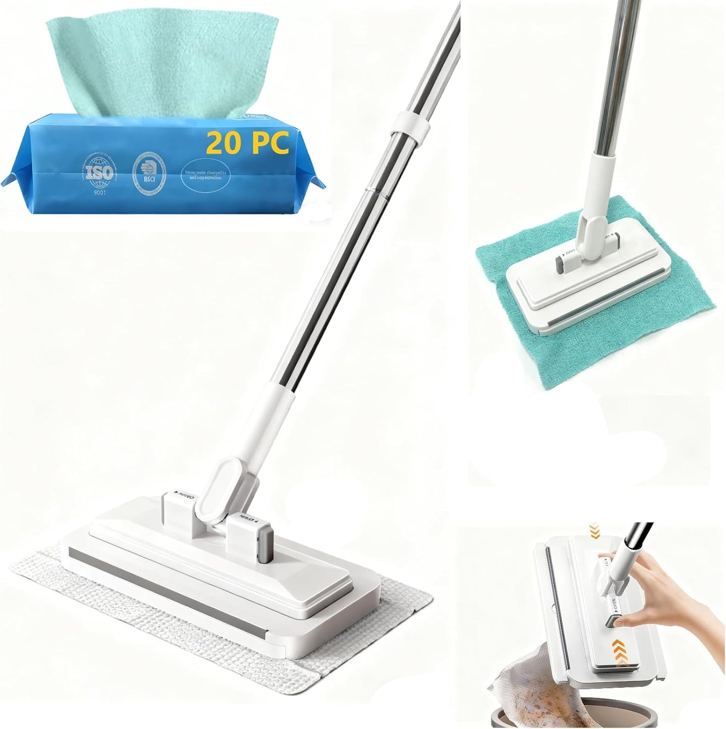 2025 New Mini Disposable Dust Mop with 20 Dry Wet Disposable Pads No-Touch Dirty Cleaning Dust Mop