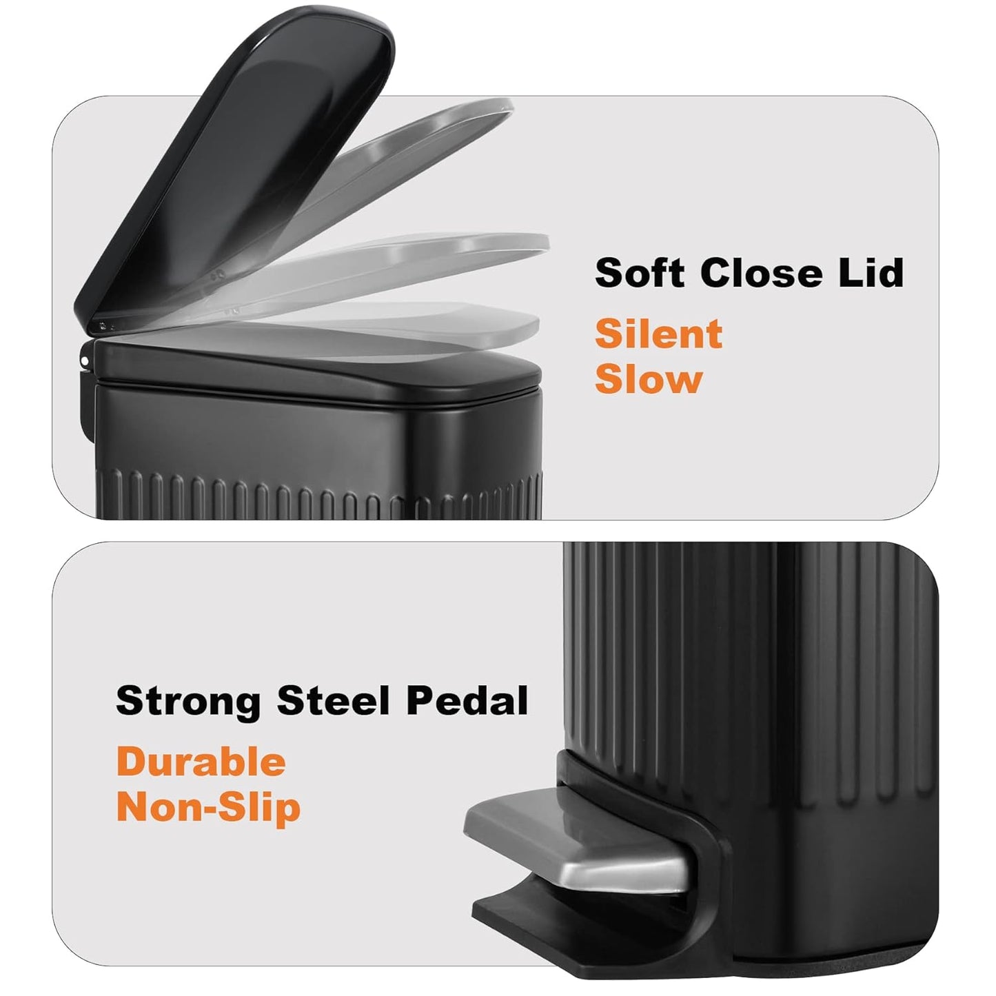 TrashAid Small Black Bathroom Trash Can with Lid Soft Close, 6 Liter / 1.6 Gallon, Stainless Steel