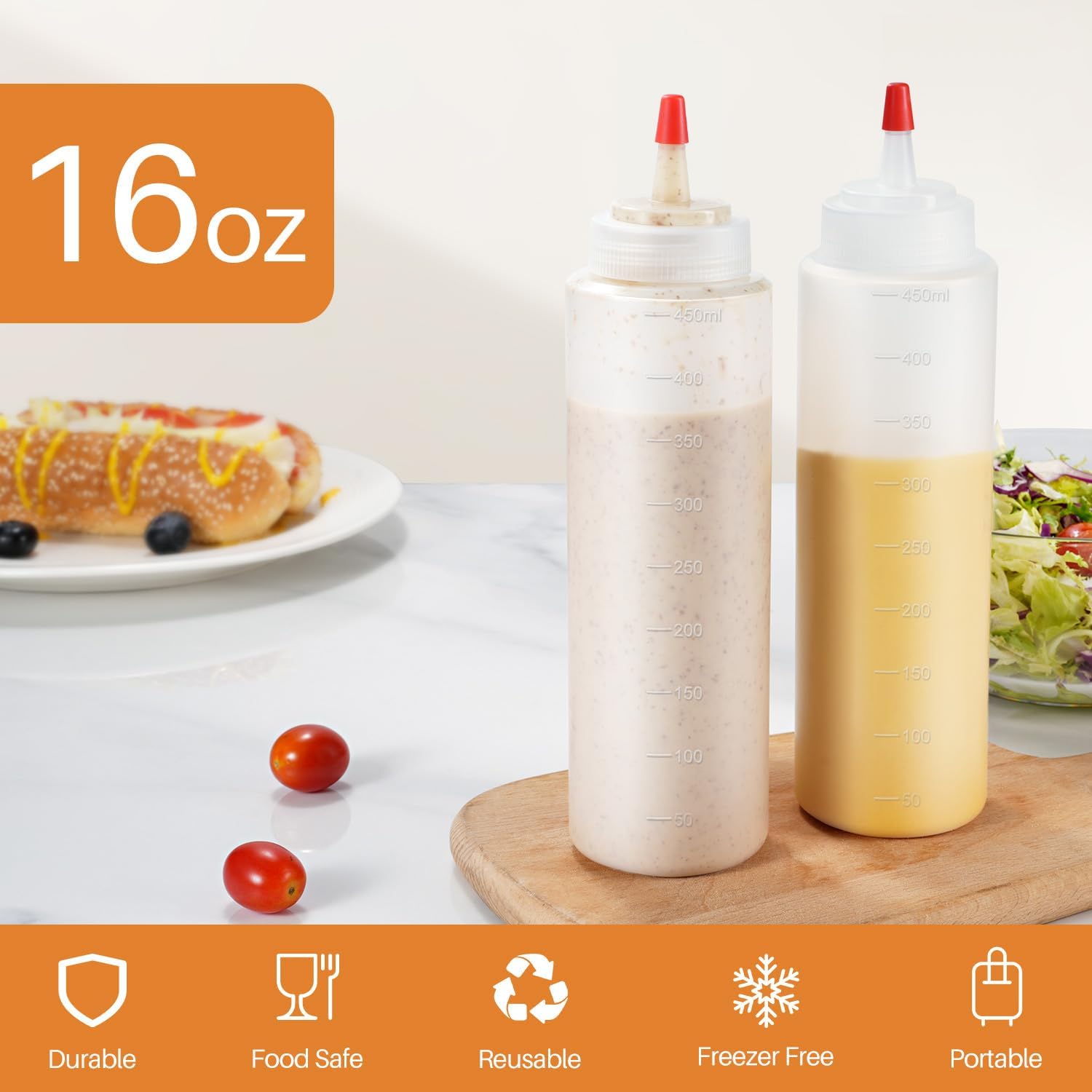 Squeeze Bottles, 16oz Leak-Proof Wide Mouth Condiment Squeeze Bottles for Liquids Sauces Ketchup