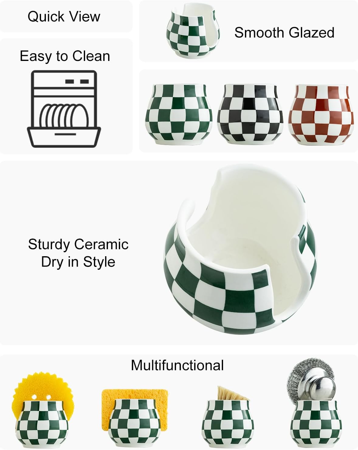 Kitchen Sponge Holder, Ceramic Sponge Organizer Checkered Scrubby Holder Sink Caddy Scrub Dish Rack