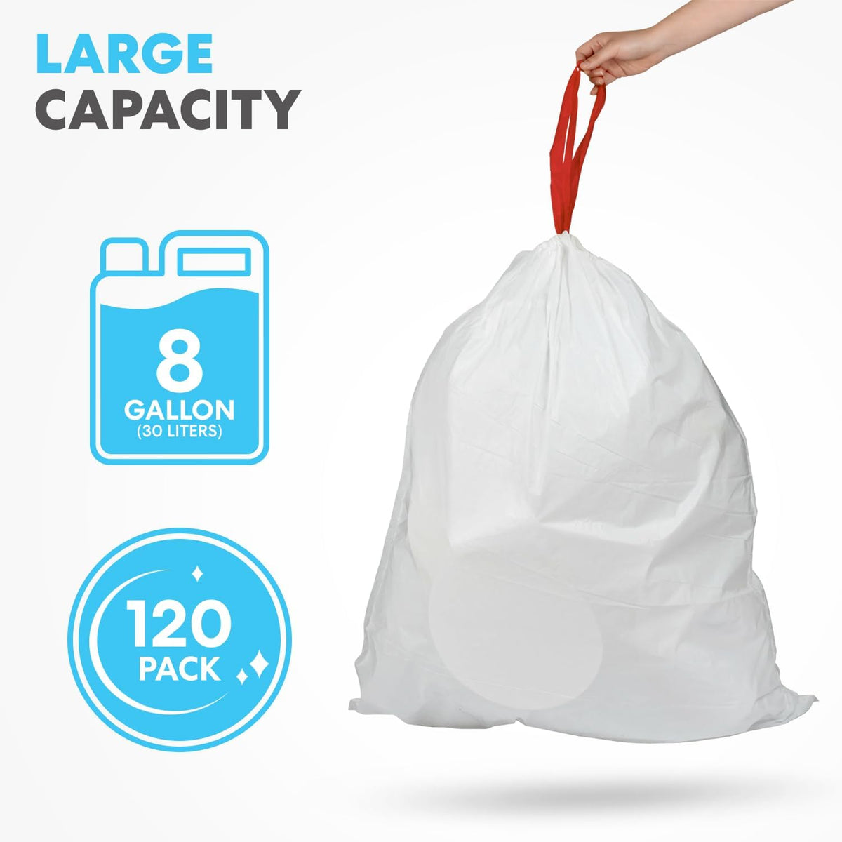 SIMPLI-MAGIC 8 Gallon Drawstring Trash Bags, 120 Pack – Tall Kitchen Garbage Bags, Custom Made with