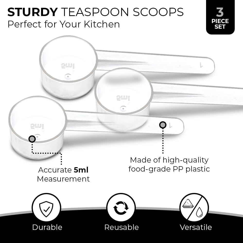 3 Measuring Spoons Set with Short Handle - 1 Teaspoon (5 ML) Clear Plastic Scoops for Creatine