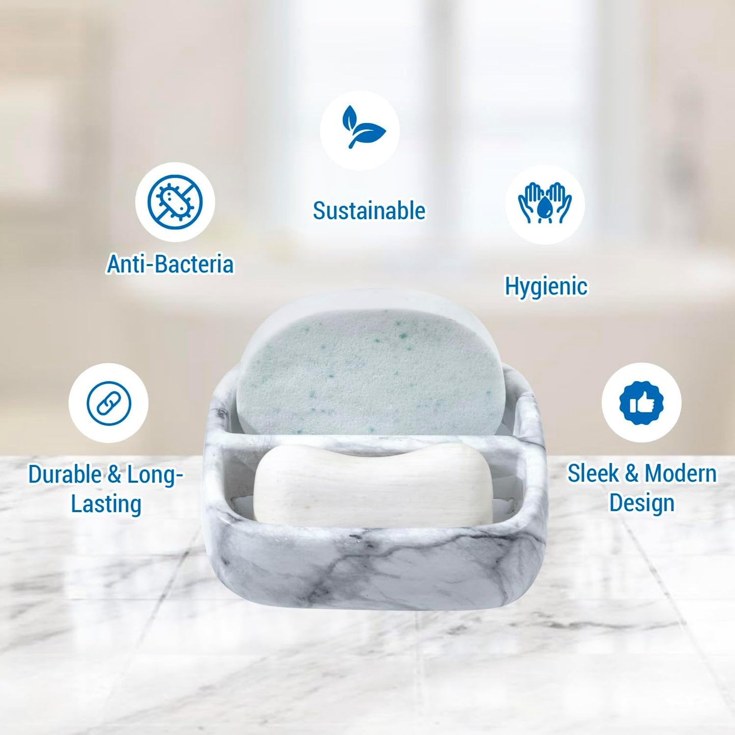 MyGift 5.4 Inch Deluxe Modern White Marble Pattern Resin Double Sponge Holder, Kitchen Sink