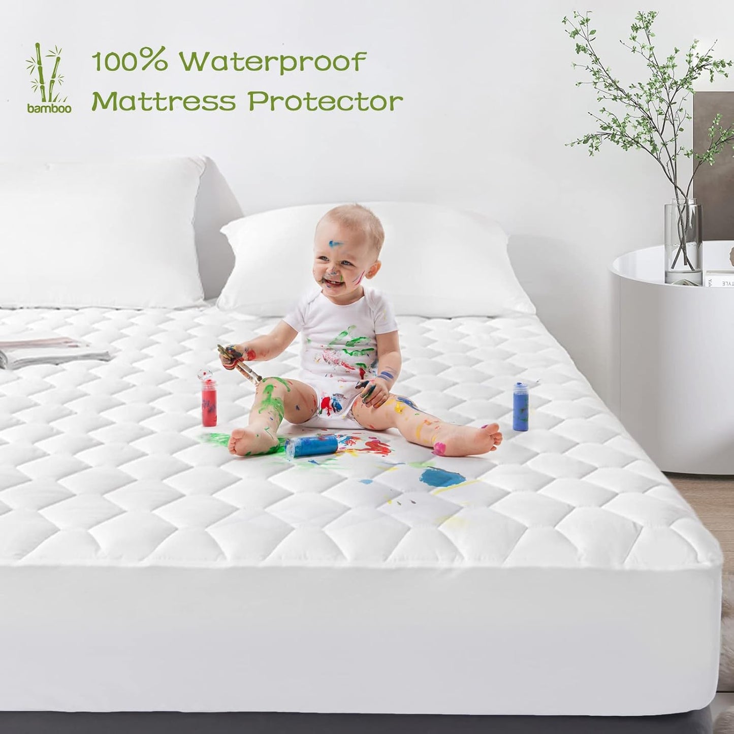 GRT Queen Mattress Protector Waterproof, Rayon from Bamboo, Cooling Quilted Fitted Mattress Pad