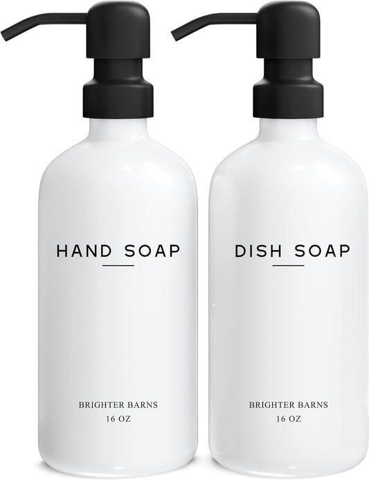 White Glass Hand and Dish Soap Dispenser Set by Brighter Barns - Kitchen Soap Dispenser & Stainless