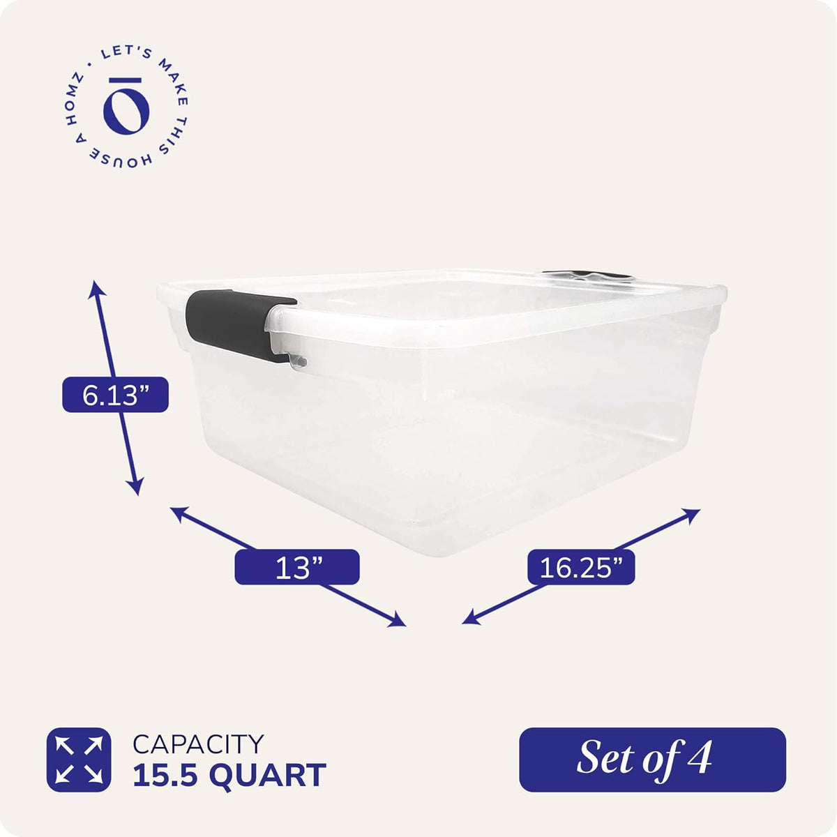 HOMZ 4-Pack Latching Lid, Clear Plastic Storage Organizer Bins, 15.5 Quart, Gray Latch - Stackable