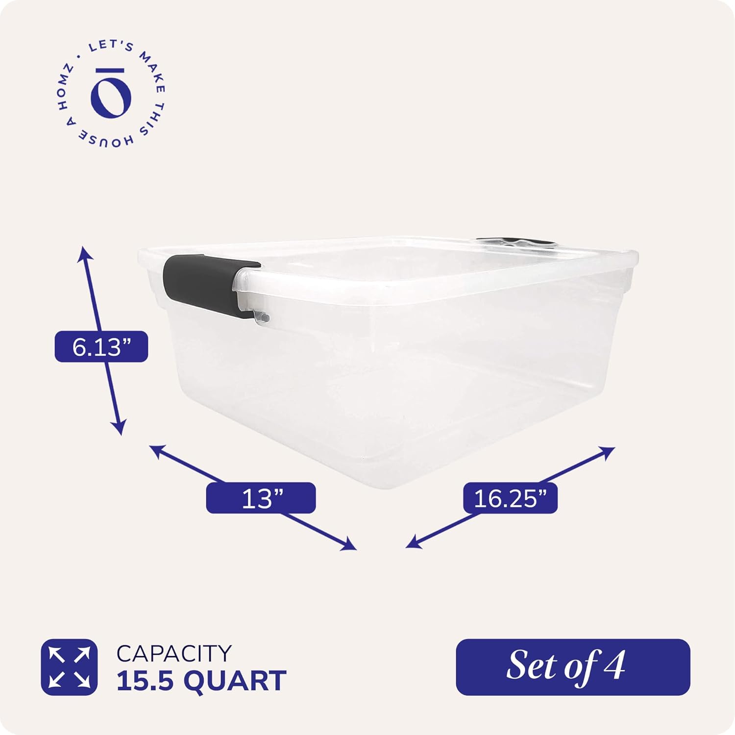 HOMZ 4-Pack Latching Lid, Clear Plastic Storage Organizer Bins, 15.5 Quart, Gray Latch - Stackable