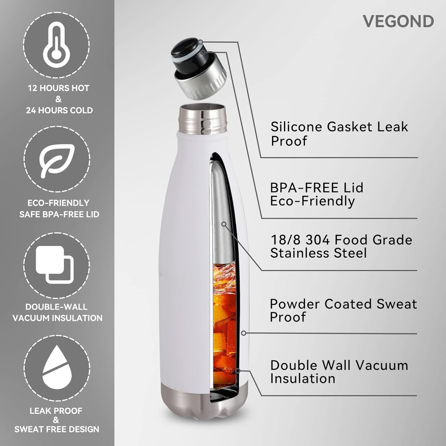 VEGOND 17oz Stainless Steel Water Bottles Bulk, Reusable Metal Sports Water Bottle Keeps Drink Hot