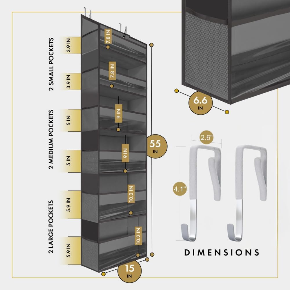 HOMELUX THEORY 2PC Heavy Duty Over the Door Organizer 55x14x6.7, 6 Large Front & 12 Mesh Pockets
