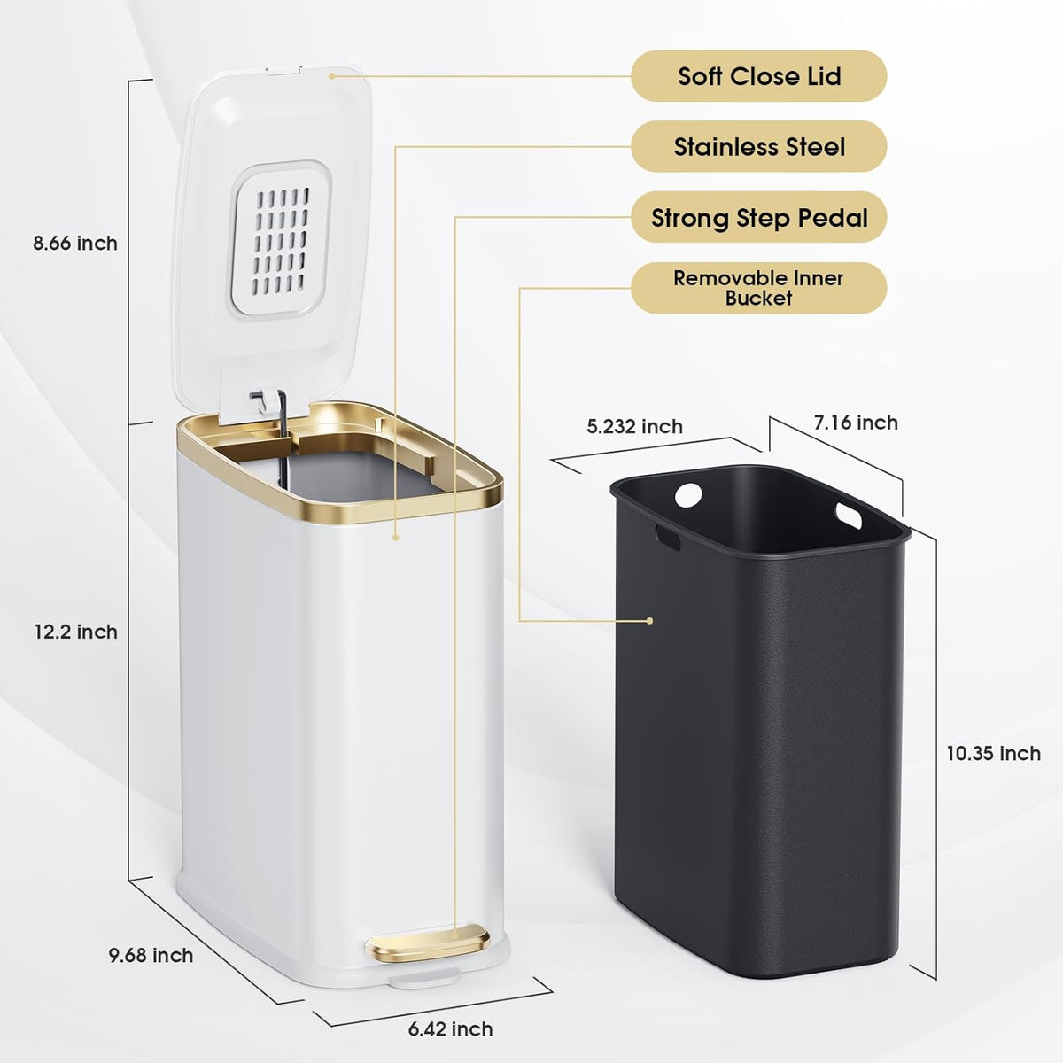 CEROELDA Small Bathroom Trash Can with Lid Soft Close-5L/1.3 Gal Slim Garbage Can-Metal Step
