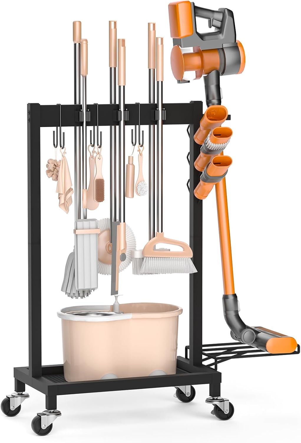 Cleaning Supplies Organizer with Broom Holder Load 160 LBS Cleaning Cart with Wheels Broom Closet