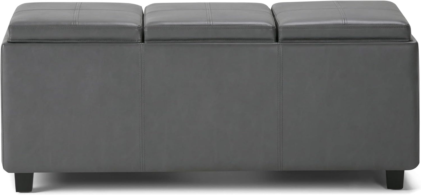 SIMPLIHOME Avalon 42 inch Wide Contemporary Rectangle Storage Ottoman in Stone Grey Vegan Faux