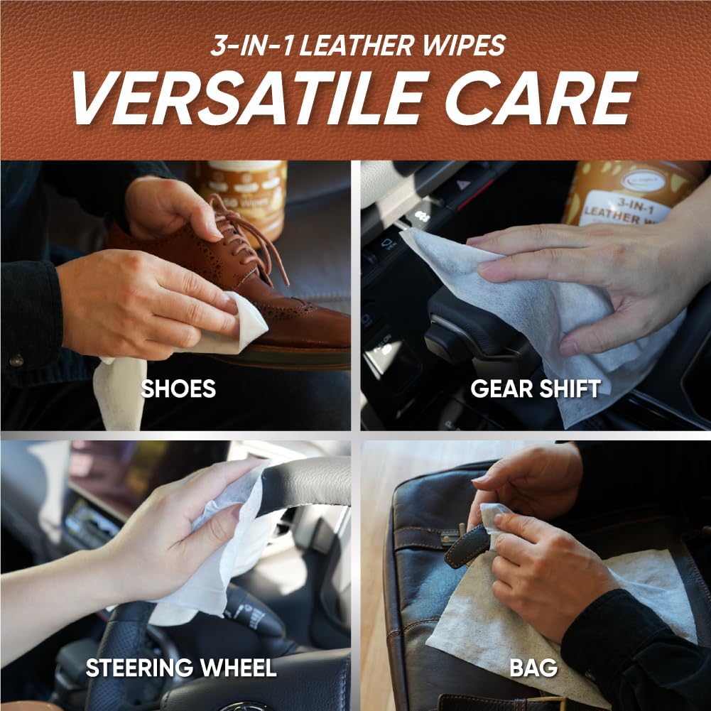 Air Jungles 3in1 Leather Wipes 50 Count, Extra Large 8" x 10" Size, Clean Condition Protect Wipes