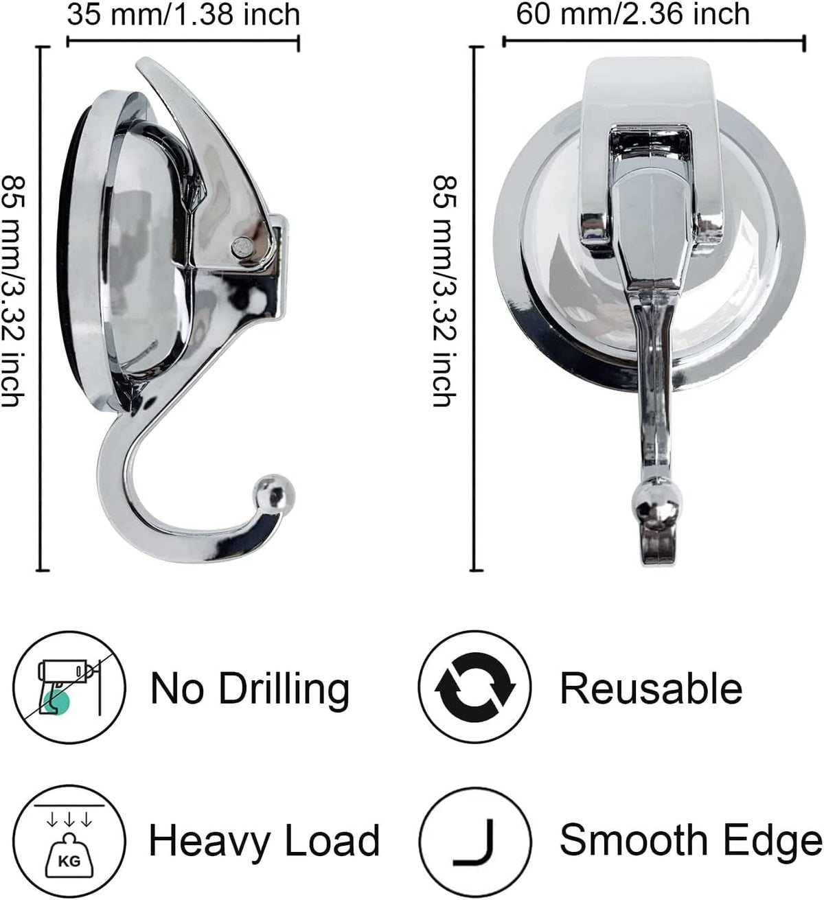 Suction Cup Hooks - Heavy Duty Glass, Reusable, No Hole Punched, for Bathroom Robe & Garland