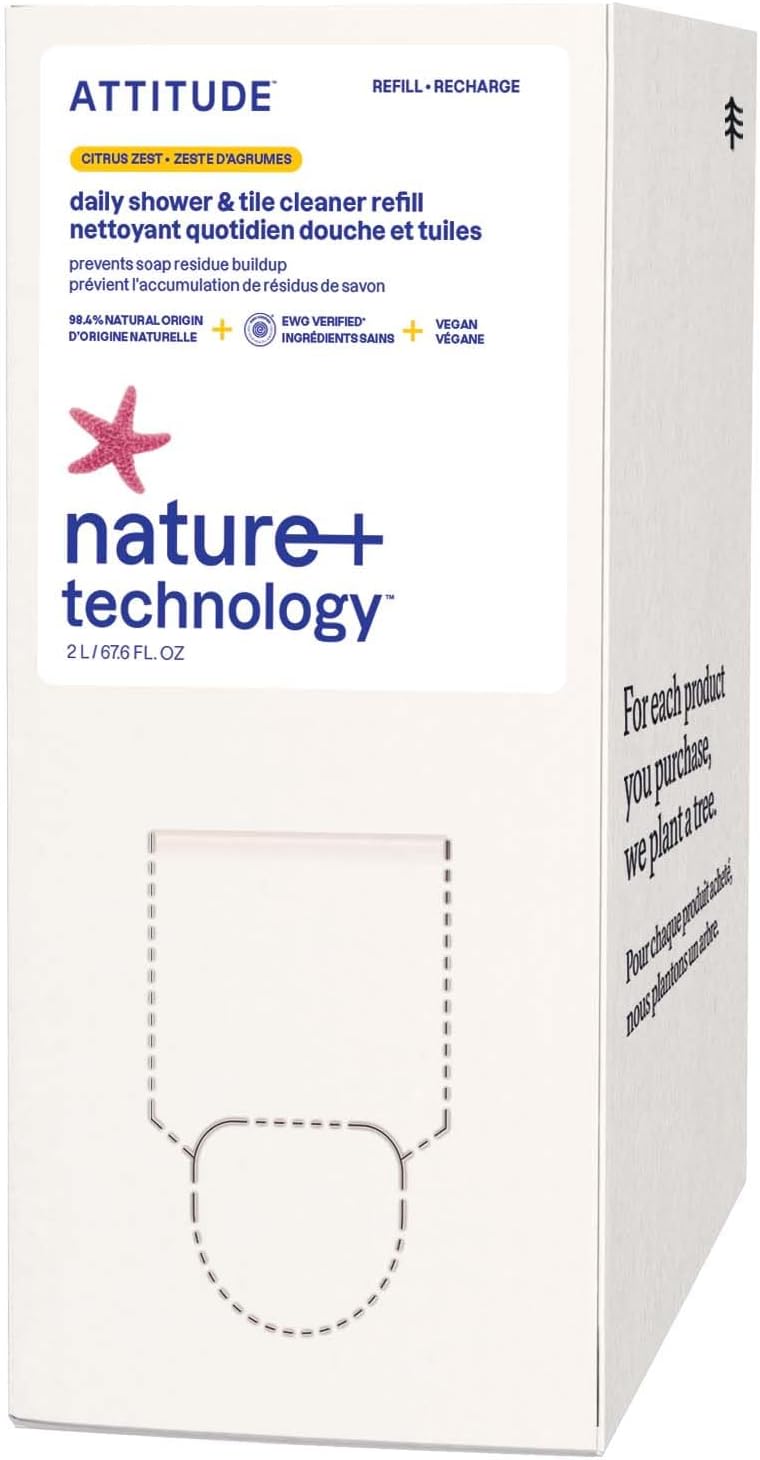 ATTITUDE Shower & Tile Cleaner Refill, EWG Verified, Plant-Based & Vegan Bathroom Spray, Removes