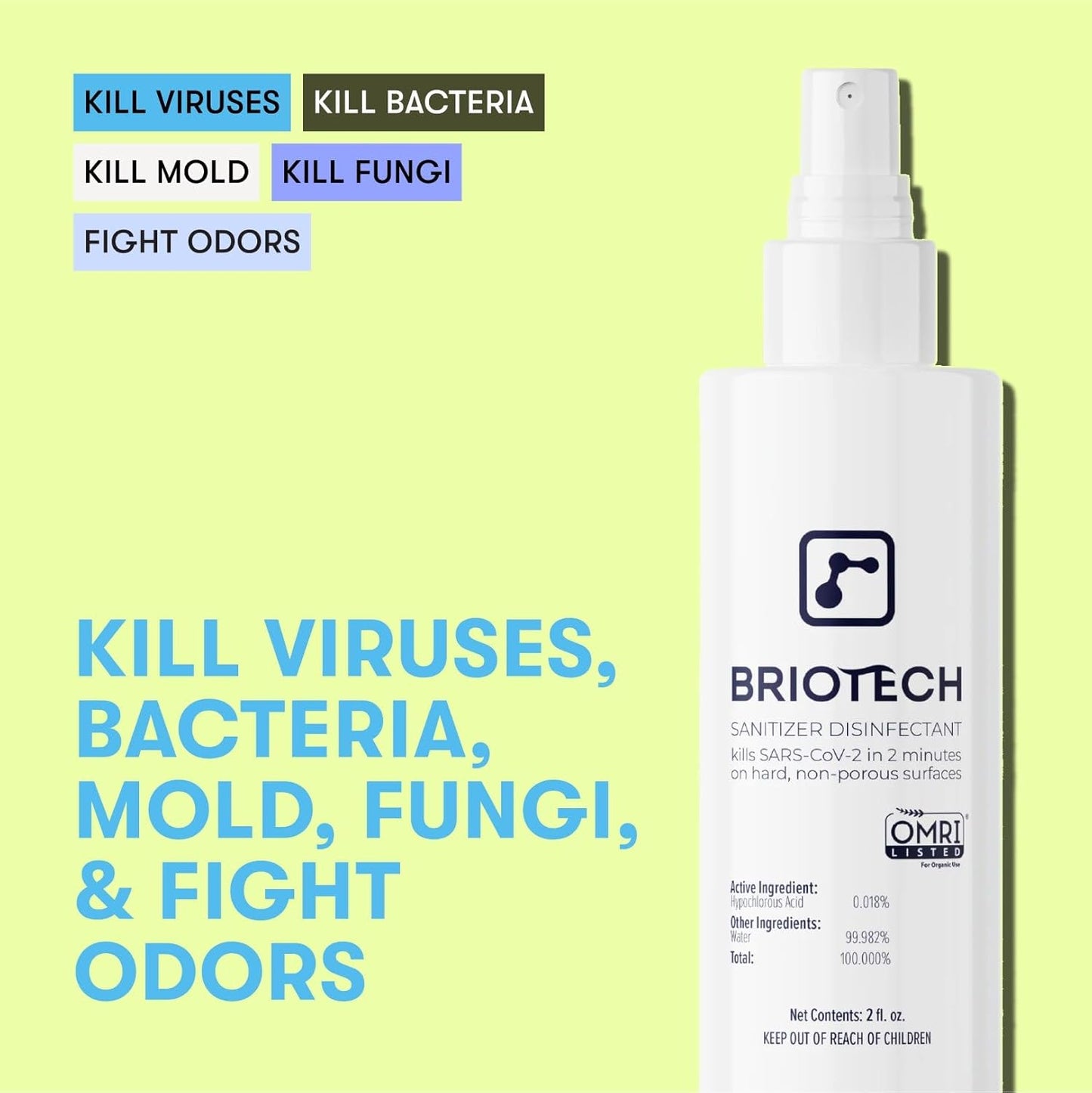 BRIOTECH Sanitizer Disinfectant Hypochlorous, Kill 99.99% of Viruses & Bacteria, Control Mold