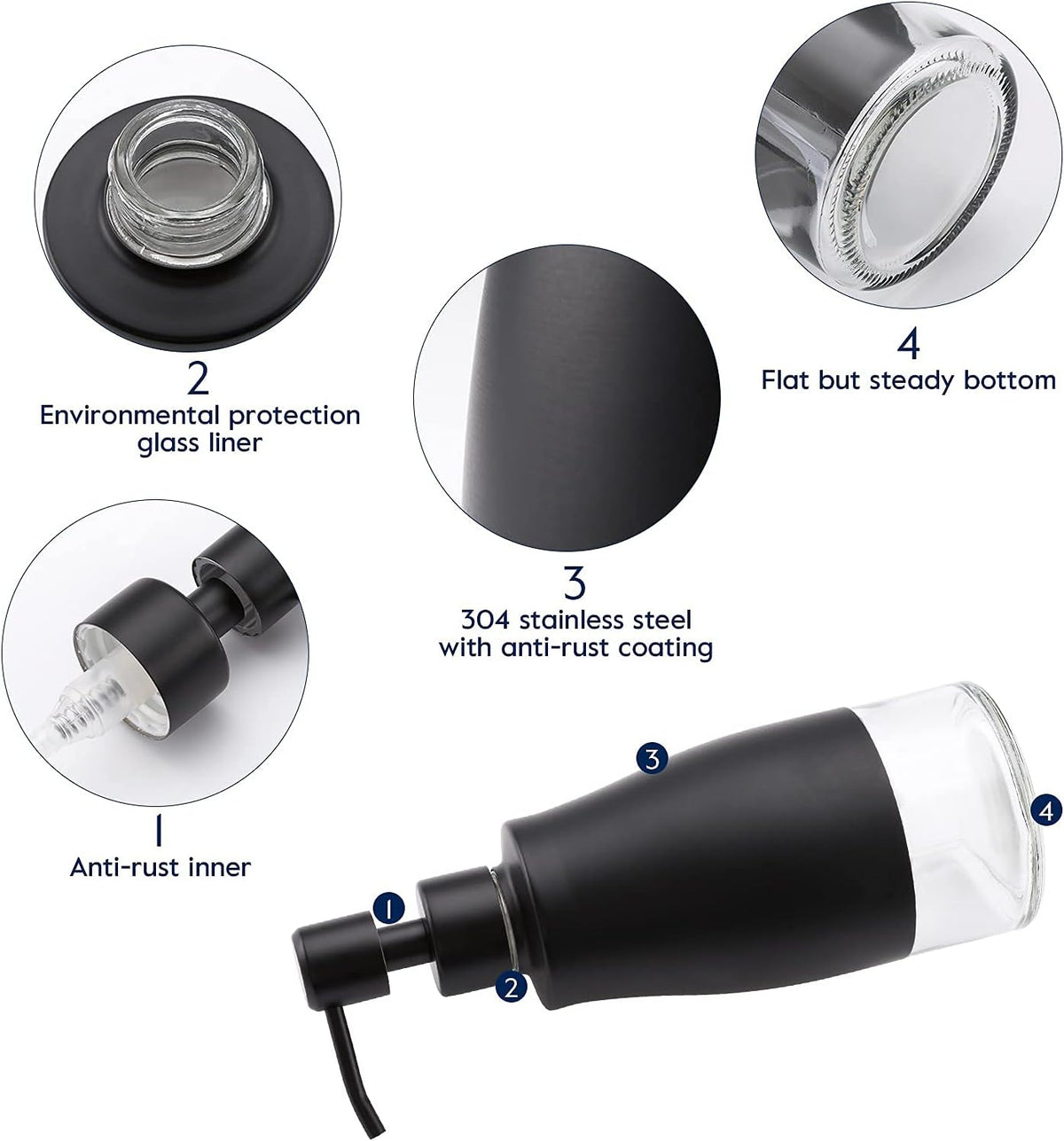 Gaussra Black Soap Dispenser with Coasterand Stickers, Refillable Liquid Stainless Steel Soap