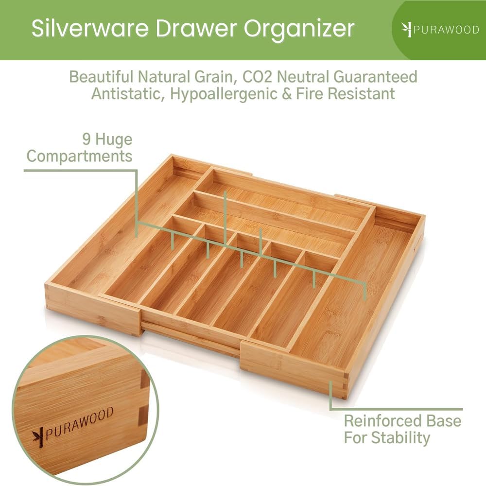 Purawood Bamboo Drawer Organizer - Expandable Silverware Organizer & Utensil Drawer Organizer