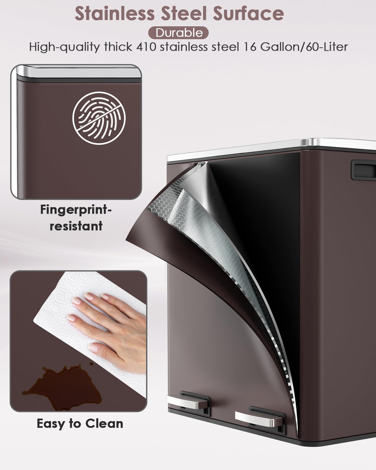 AthLike 60L(16 Gal) Dual Trash Can, Stainless Steel Kitchen Garbage Can, Double Compartment