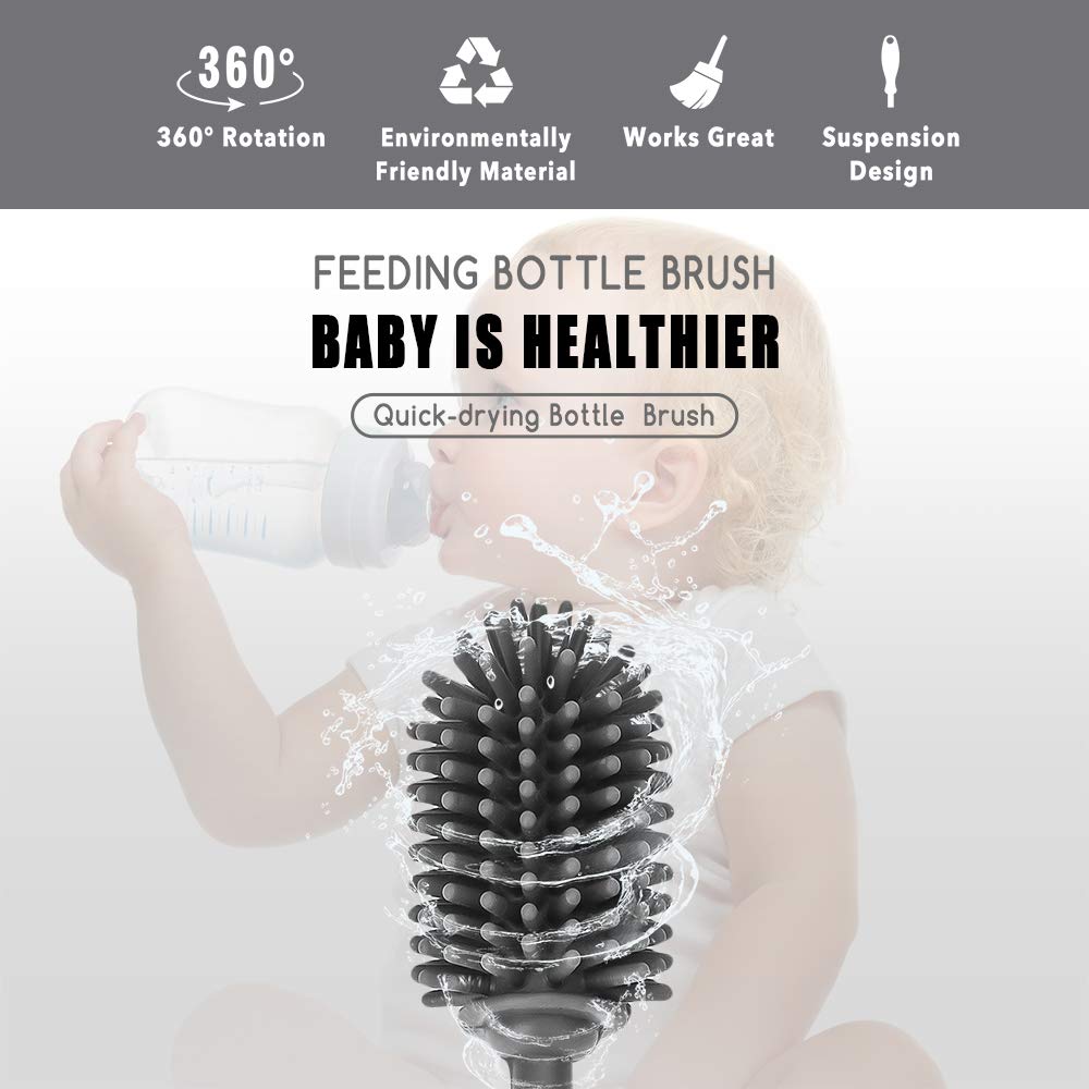 Silicone Bottle Brush with Long Handle, 12.5" Bottle Cleaning Brush, Gray