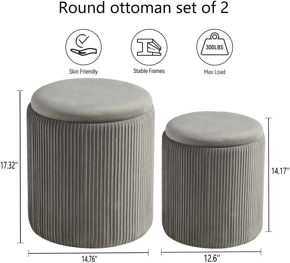 Round Ottoman with Storage Set of 2-Upholstered Velvet Vanity Stool for Makeup Multifunctional