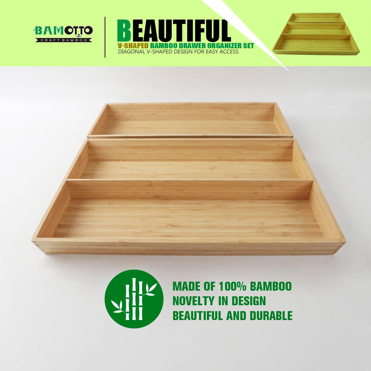 2-Piece V-Shaped Bamboo Drawer Organizer - Ideal for Kitchen's Large Long Tableware, Cooking