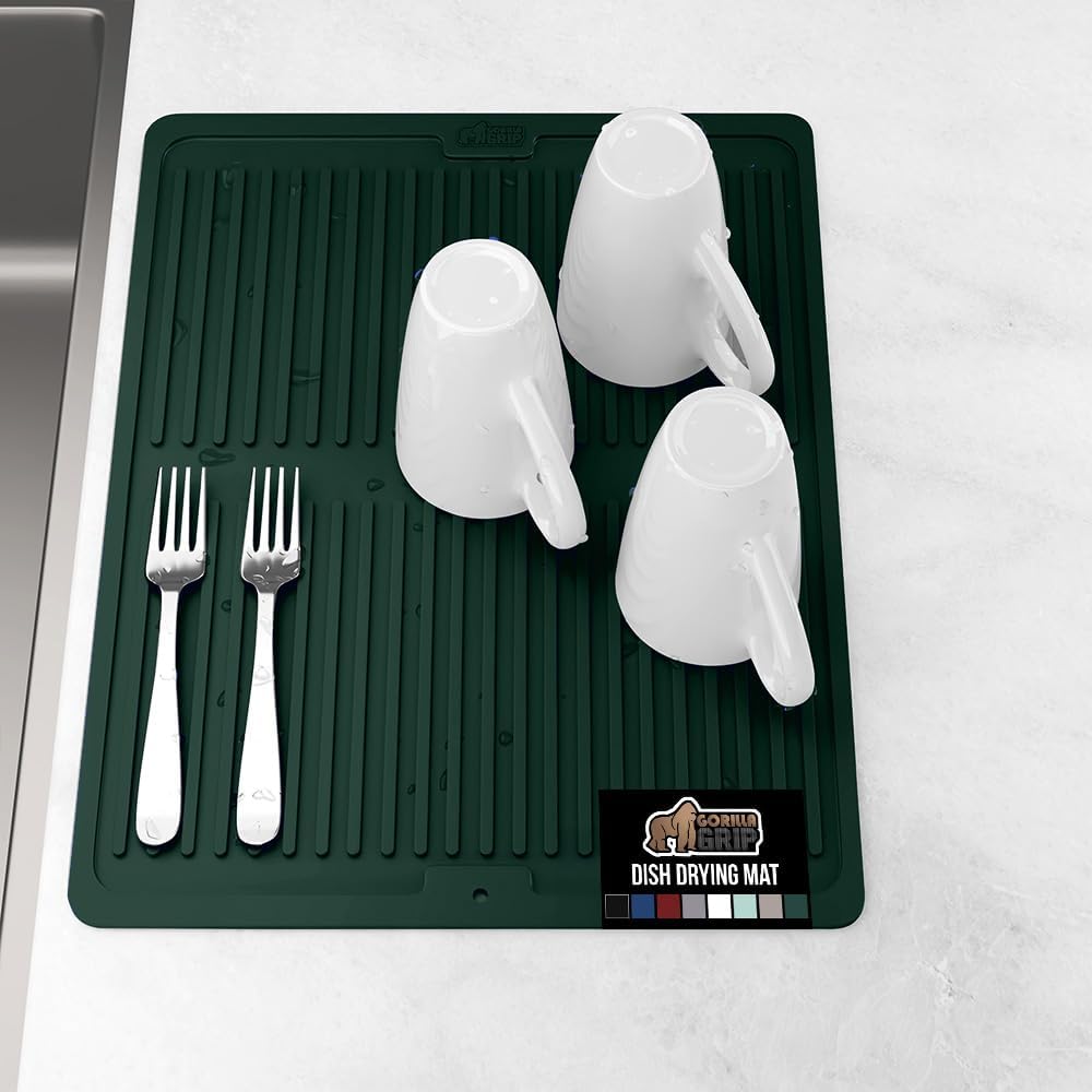 GORILLA GRIP 100% BPA-Free Silicone Dish Drying Mat for Kitchen Counter, Quick Dry, Water Catching