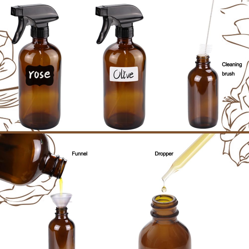 Glass Spray Bottle Kit×10 (2×16oz, 2×4oz, 6×2oz), 9×10ml Roller Bottles, Anti UV, Multi Size and